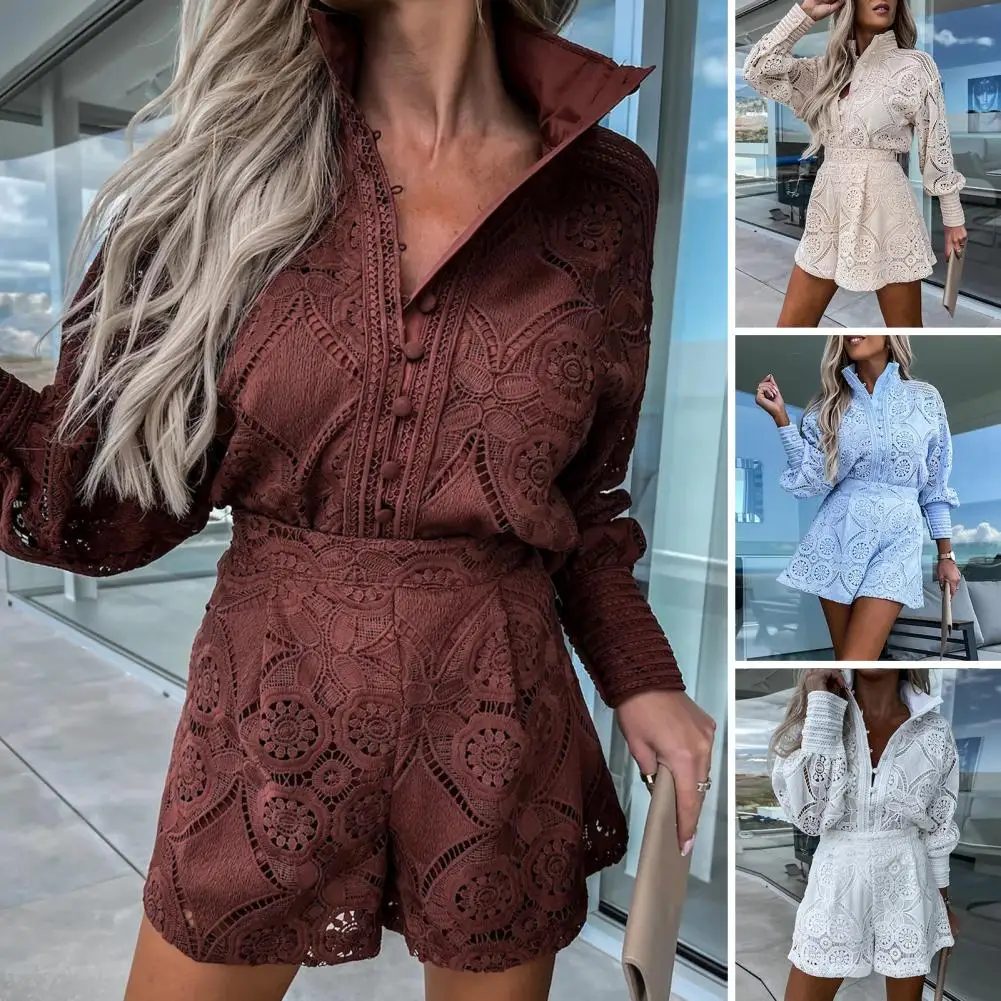 Vintage Single Breasted White Lace Women Shorts Sets Spring Long Sleeve Casual Party 2 Pcs Outfits Femme Suit Summer