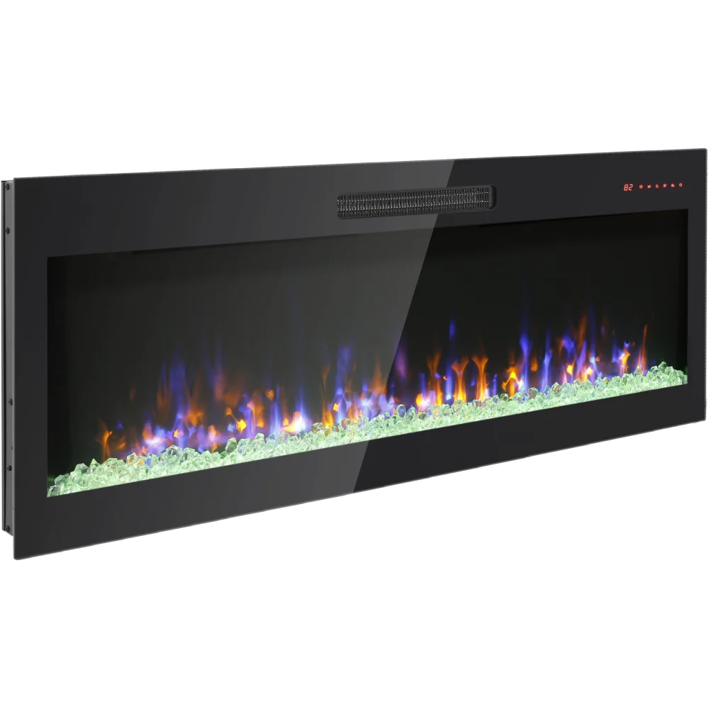 60 inch recessed ultra thin tempered glass front wall mounted electric fireplace with remote and multi color flame & emberbed