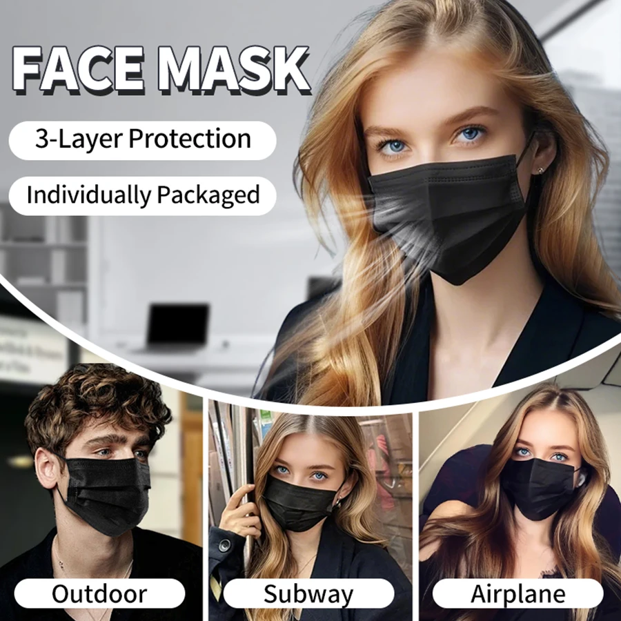 50 قطعة من قناع HENGPIN مكون من 3 طبقات من القماش الذائب للاستعمال مرة واحدة، قناع واقٍ من الغبار، قناع أسود غير منسوج للبالغين