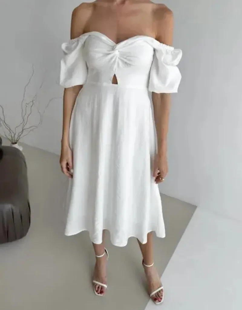 

Women's Wrinkled Slim Bubble Sleeve comfort Dress 2025 Autumn Daily Clothing New Womans Fashion Square Neck Sweet Simple Dresses