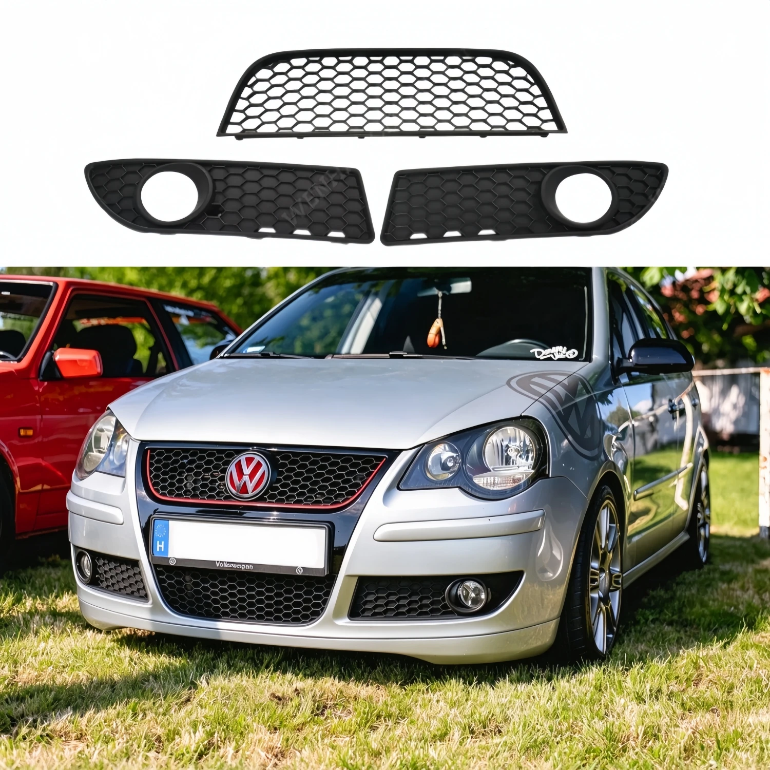 3Pcs Matte Black Car Fog Light Cover Bumper Center Grille For VW POLO MK4 9N3 2006-2009 GTI Honeycomb Grilles Tuning Body Kits