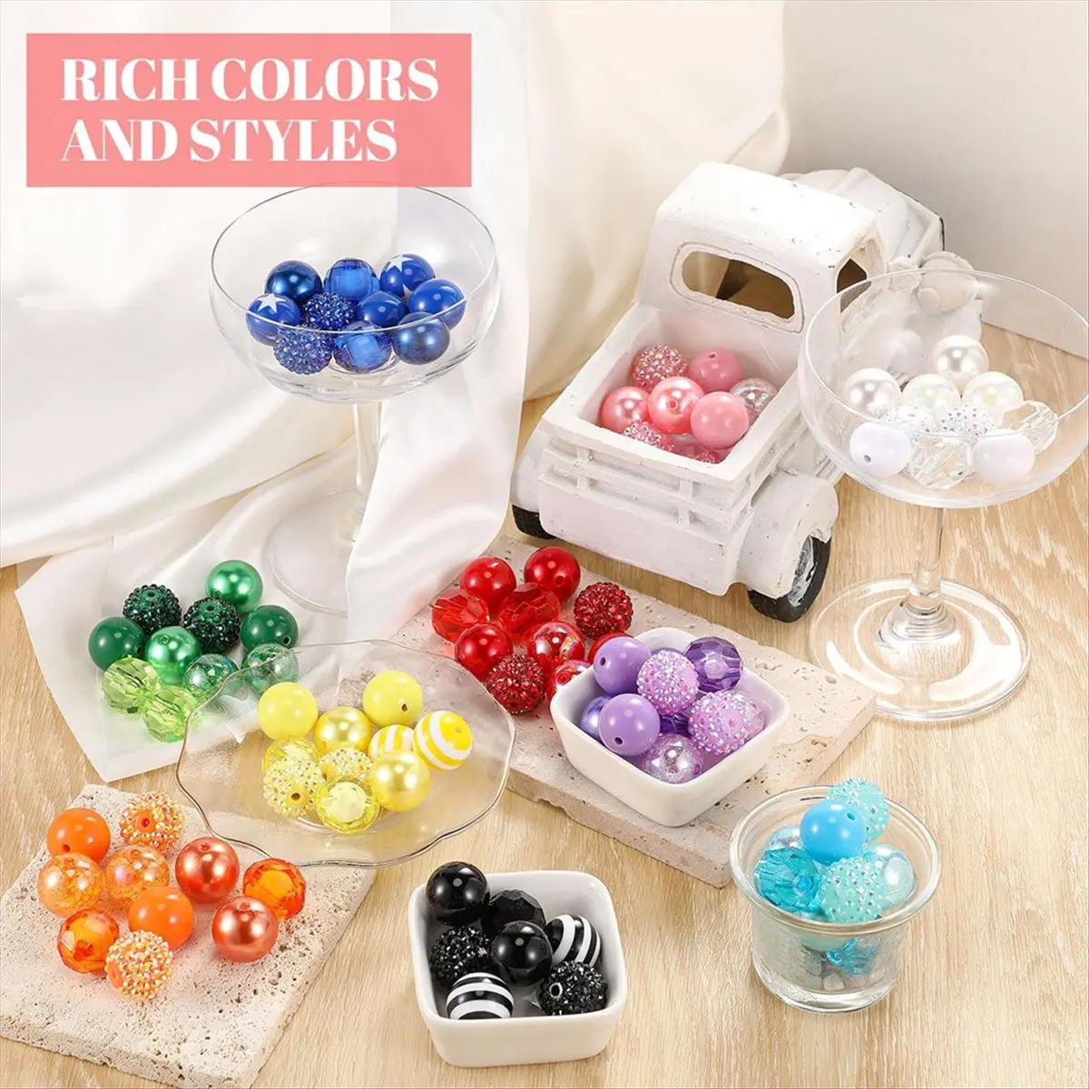 A56K 100 Pcs 20mm Beads for Pens Rhinestone Beads Bubblegum Beads for Pens Beadable Keychains DIY Craft Pen Jewelry Making