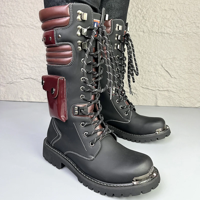 men casual punk stage high platform boots designer natural leather shoes cowboy spring autumn boot long motorcycle botas hombre