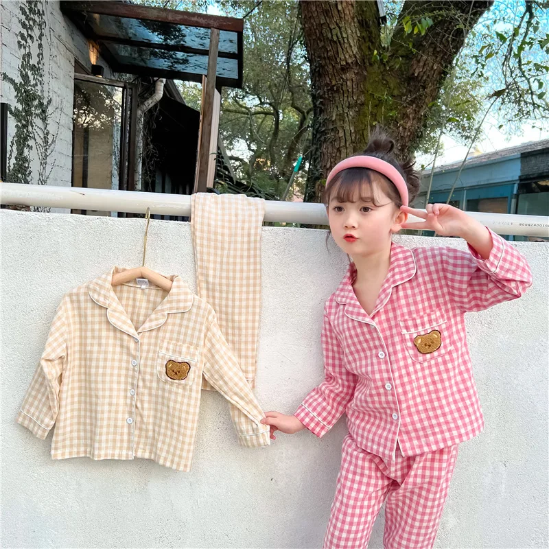 2022 Spring New Kids Pajamas Korean Plaid Print Suit for Boys and Girls Casual Cotton Sleepwear