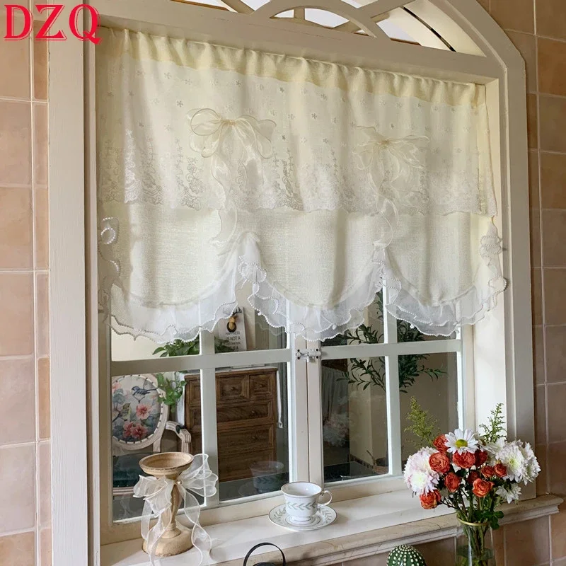 

Beige Wave Embroidered Flowers Window Valance for Living Room Elegant Lace Curtain Valance Bow Tie Short Curtains Kitchen #A359