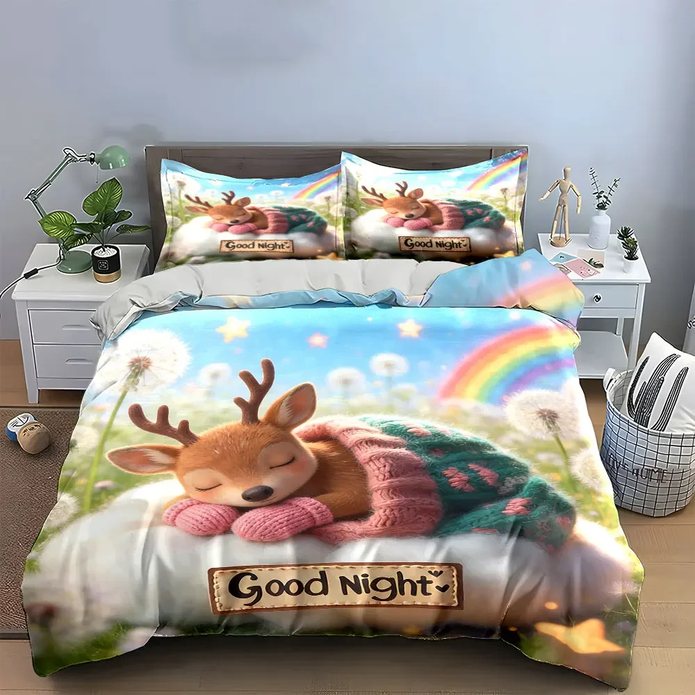 Niedliches Bettwäsche-Set mit Hirschmotiv, weiches, bequemes Bettbezug-Set, inklusive 1 x Bettbezug und 2 x Kissenbezügen, Geschenk