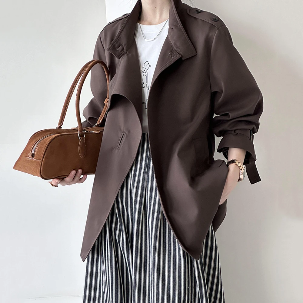 TWOTWINSTYLE Solid Loose Short Trench For Women Stand Collar Long Sleeve Patchwork Button Casual Coats Female Fashion Clothes