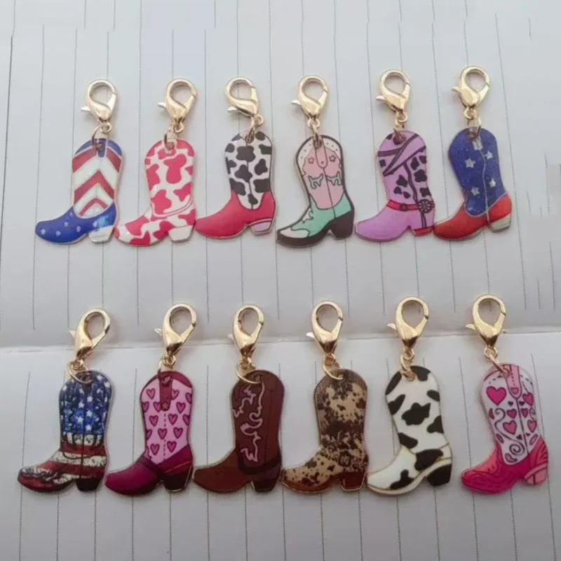 12pcs Alloy Retro Western Cowboy Printed Boots Keychain Pendant Backpack DIY Accessories
