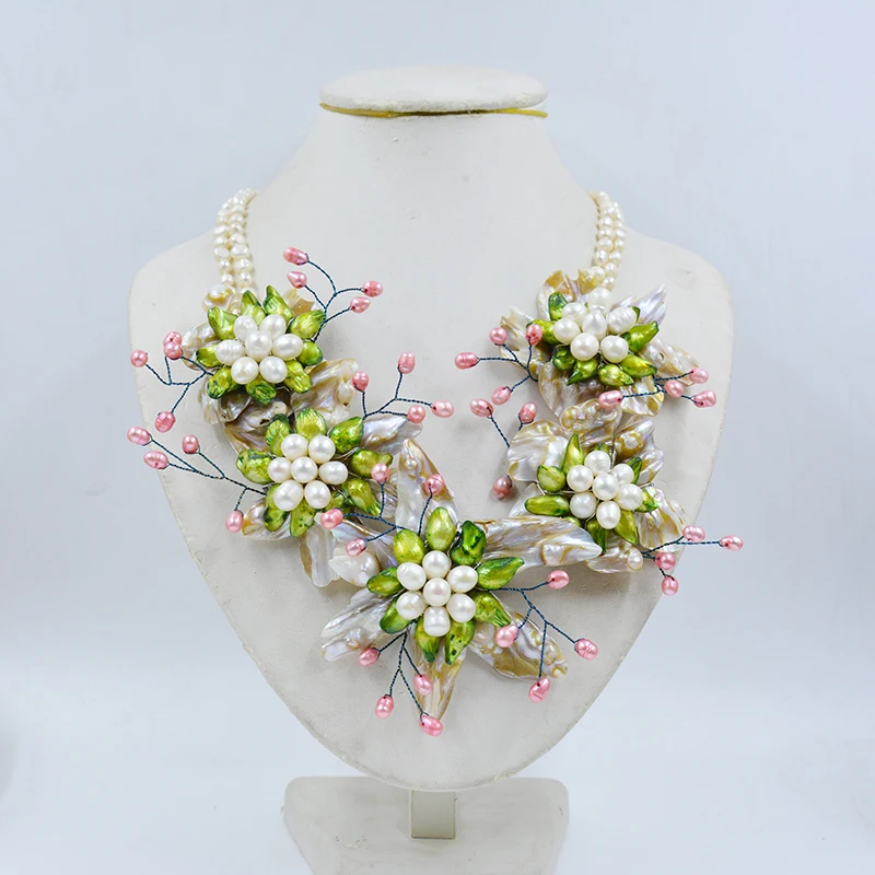 WU-330#  classic Fashion  100% of the natural pearls African Wedding  Flower necklace 20