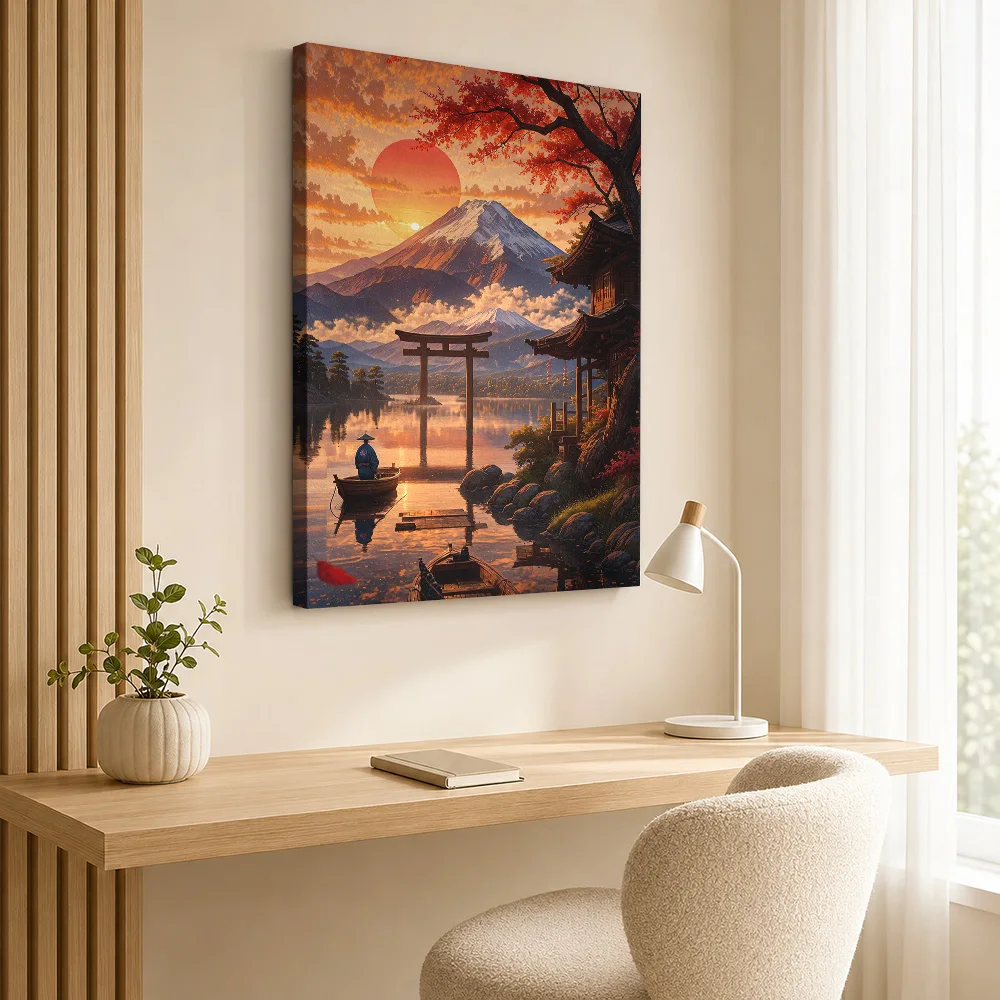 Mount Fuji Sunset Torii Landscape Gallery Wrapped Canvas Print Customized Photo Expressive Color Brushwork Wall Art For Entryway