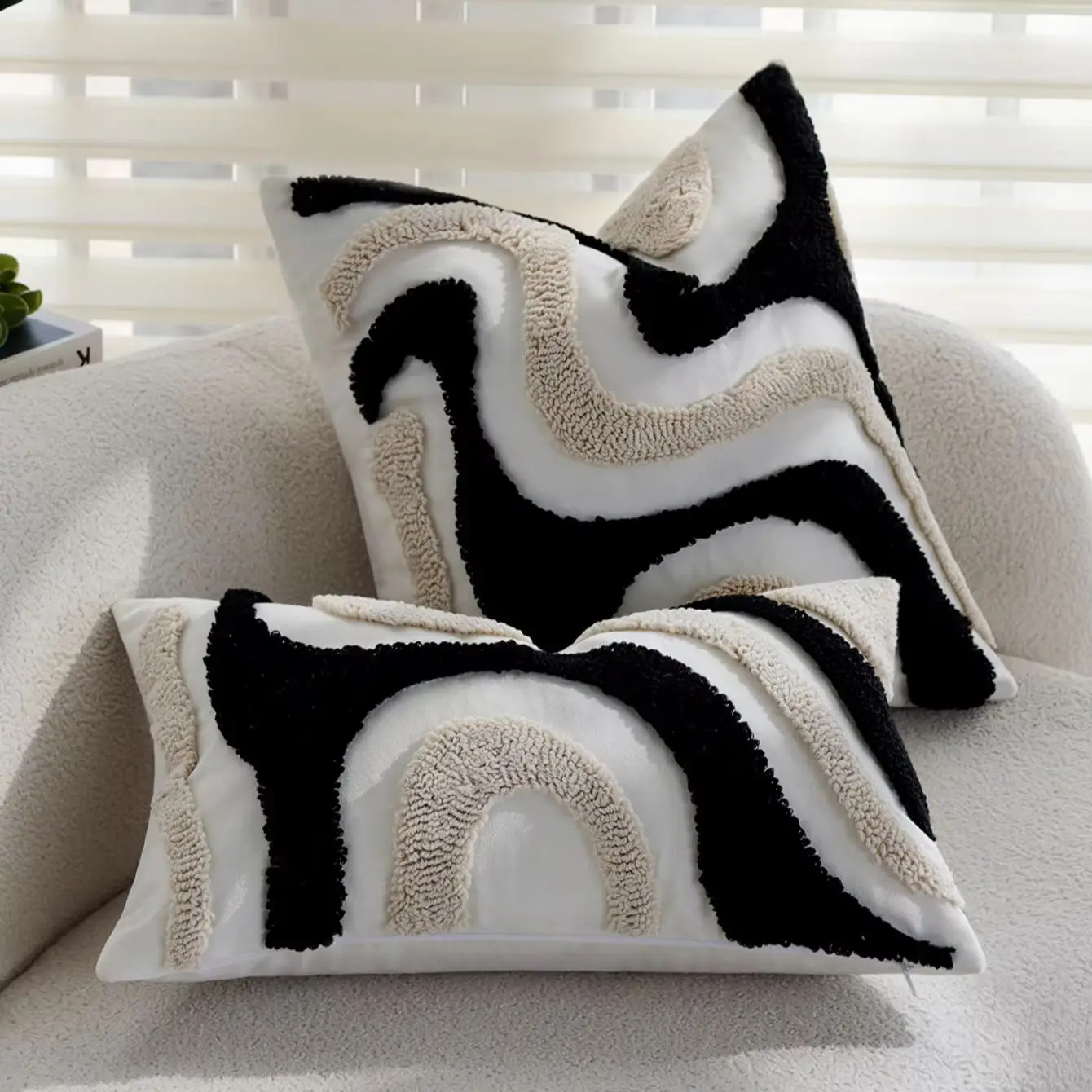 Abstract Wave Tufted Cushion Cover 45x45cm Black White Textured Boho Decorative Throw Pillow Cover for Sofa Couch Home Decor