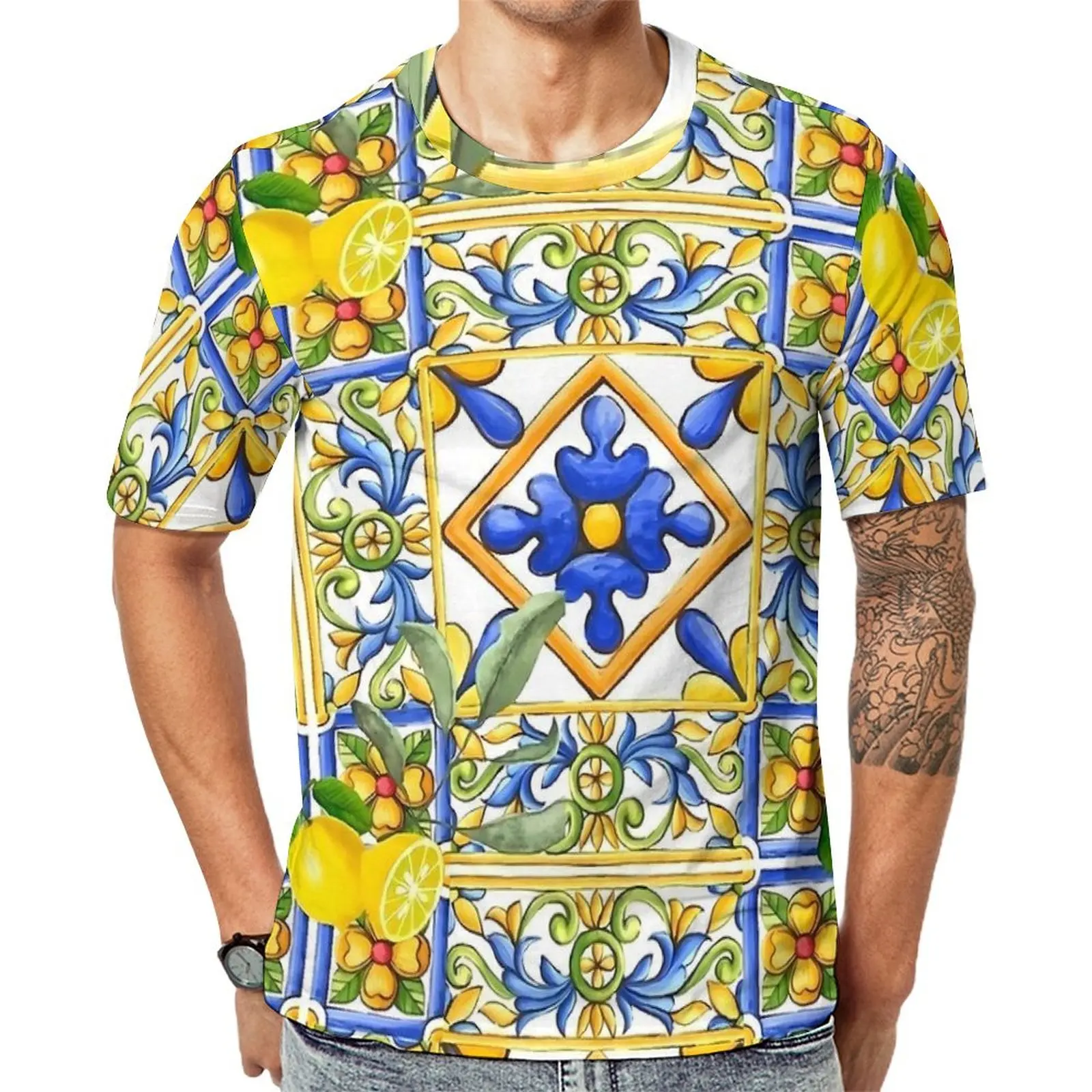 Majolica Lemon T Shirt Citrus Flowers Tiles Fashion T-Shirts Short-Sleeved Printed Tshirt Cheap Summer Casual Big Size Tees