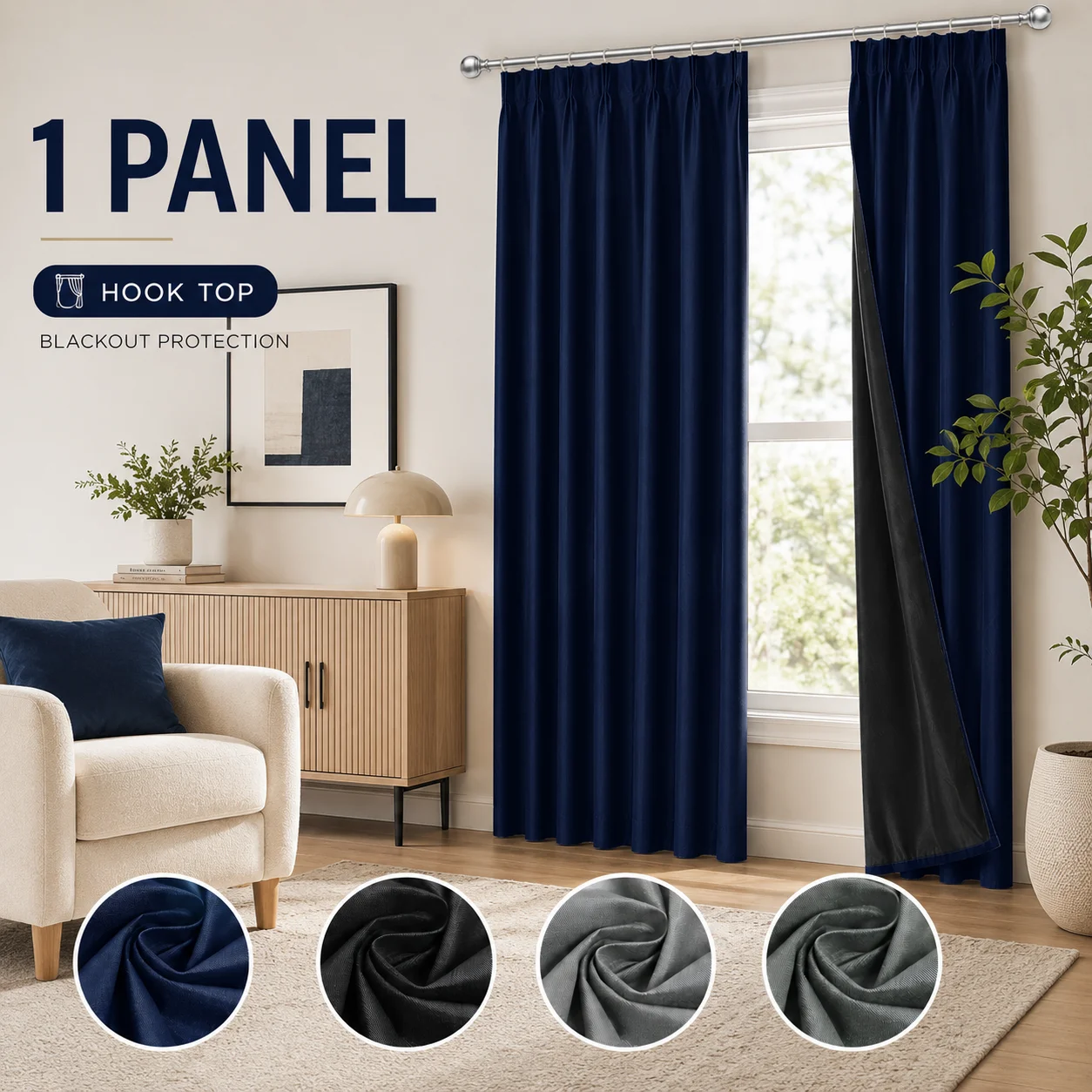 1pc Solid 100% Blackout Curtain, Hook Privacy Curtains for Living Room, Bedroom, Home Decor, Window Curtains