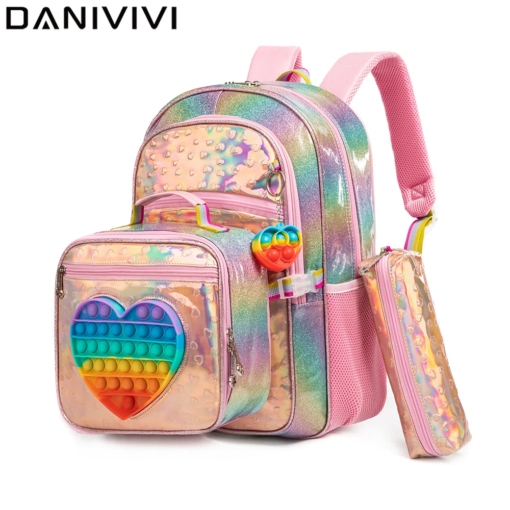 New Cute Love Girls\' school backpack mochilas for Elementary School Bags with Lunch Box Kids Pink Backpack Set for Girls Age 6-8