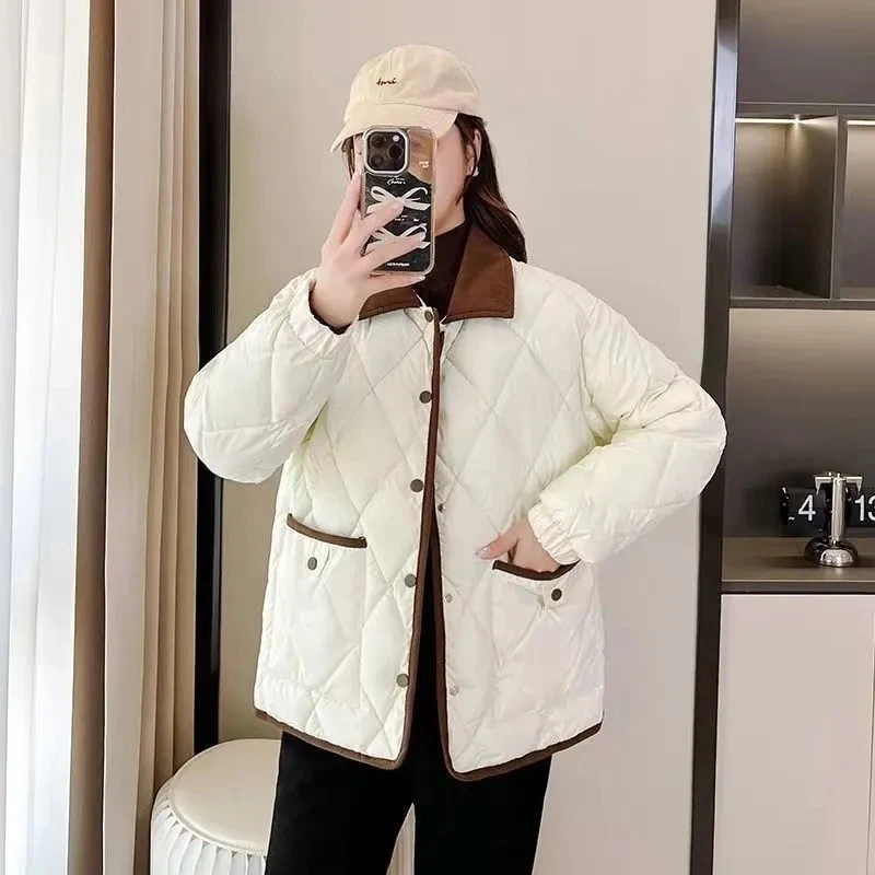 Autumn Winter Overcoat PU Leather Cotton-padded Jacket Women's Rhombic Lattice Short Coats Female Warm Outerwear No-wash Parkas