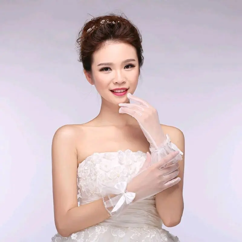 Bride Gloves Gauze Bowknot with Finger Short White Glove Wedding Dress Accessory Dropship