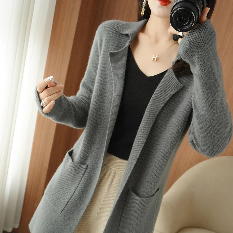 2022 Autumn/Winter New Fashion 100% Wool Cardigan Women\'s Long Sleeve Knitted Jacket Female Loose Coat Sweater Standard Spring