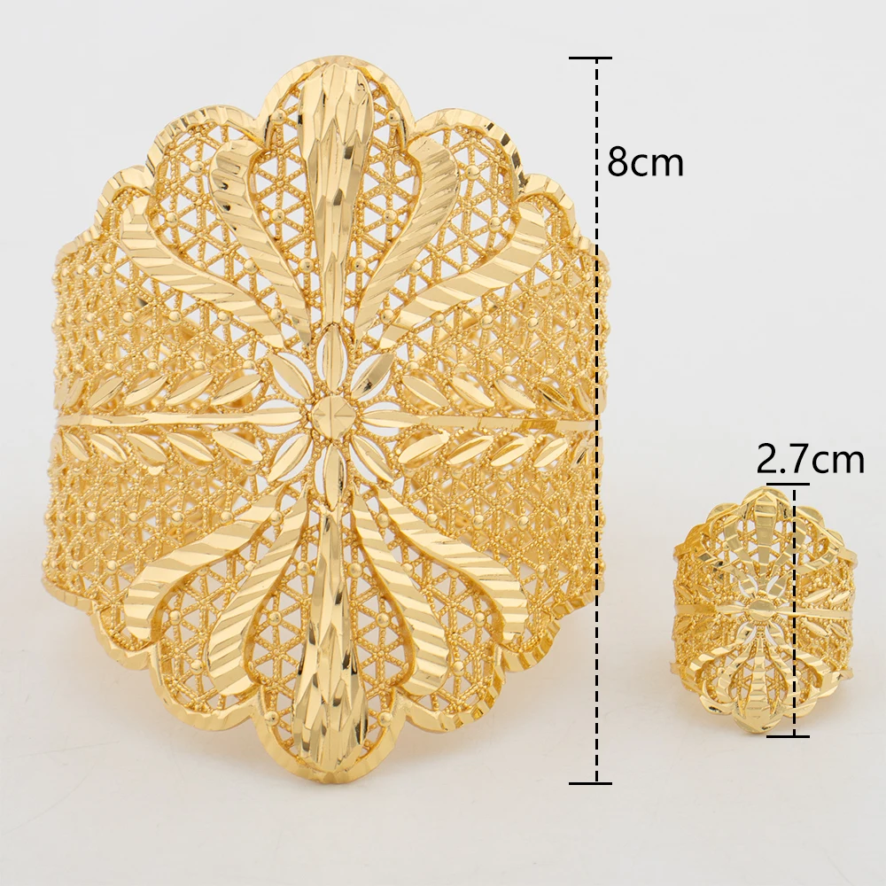 Hohles Modisches Goldfarbenes Manschettenarmband, Ring, Kupferlegierung, Vergoldeter Schmuckset, Armreif für Damen, Täglicher Gebrauch, Party, Hochzeitsgeschenke – Detail 14