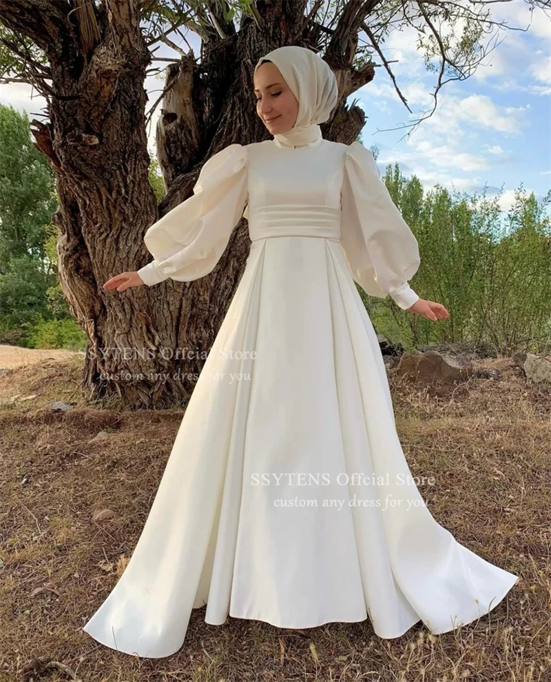 SSYTENS High Quality Ivory Wedding Dresses Puff Sleeve Satin Civil Bridal Gowns Customized Bride Dress Muslim robe de mariée