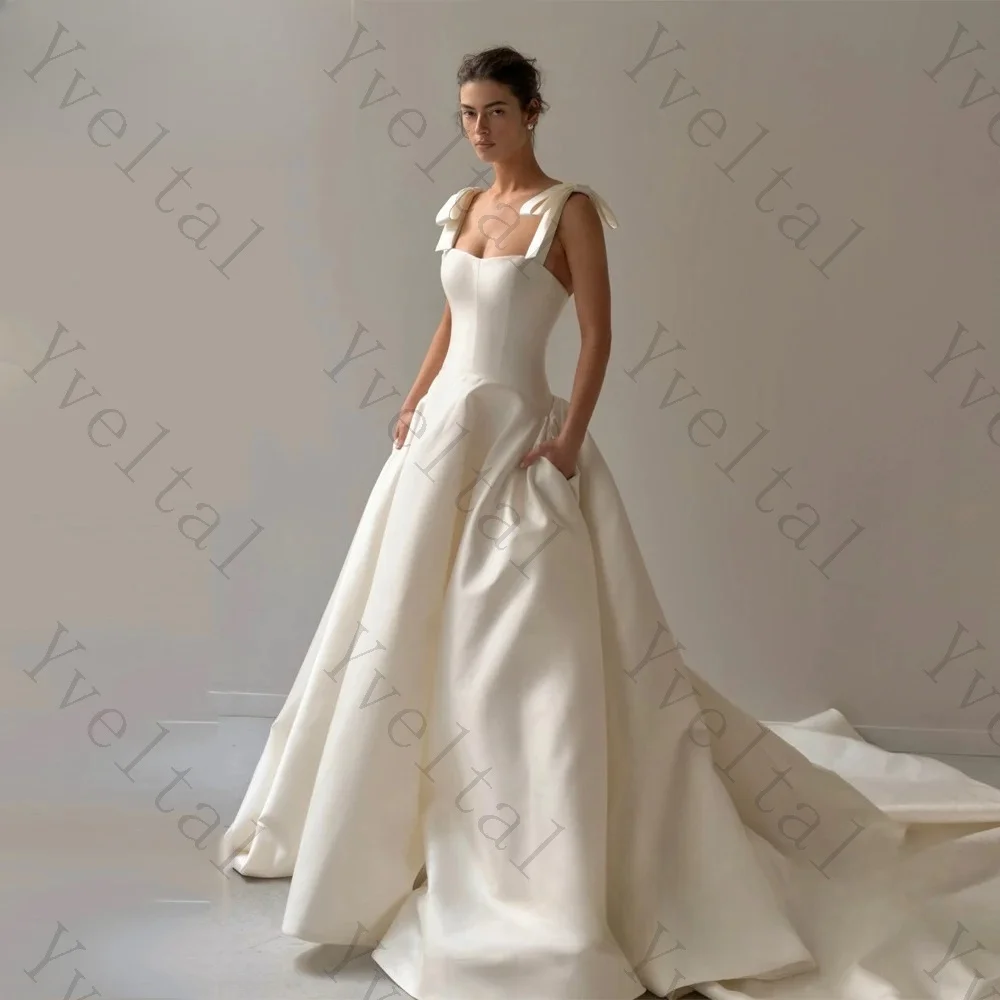 Customized Graceful Dignified Temperament Sleeveless Satin A-Line Wedding Dresses Square Collar Princess Fascinating Bridal Gown