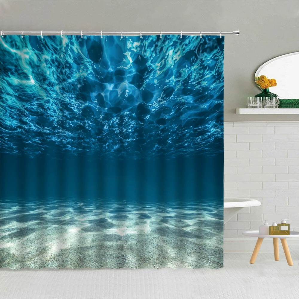 Blue ocean underwater beach scenery shower curtain dolphin turtle whale animal bathroom decoration hook curtain