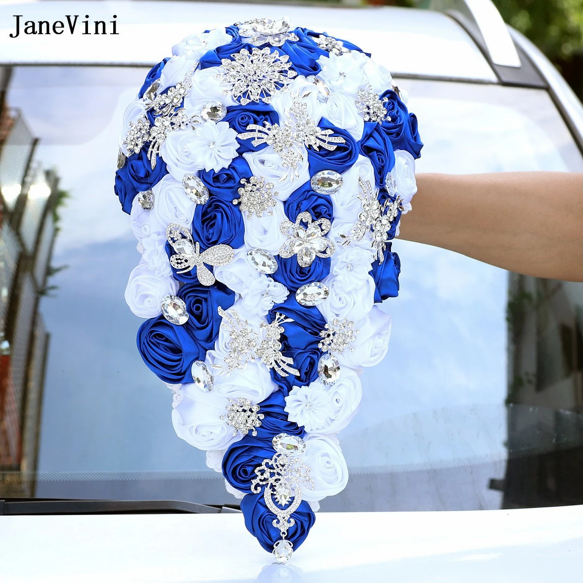 JaneVini 2025 Silver Diamond Waterfall Bridal Bouquets Royal Blue White Ribbon Roses Cascading Wedding Bouquet Flowers for Bride