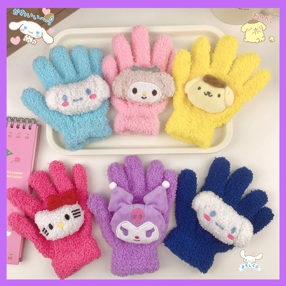 Cinnamoroll Sanrios Anime Melody Kuromi Pompom Purins Kids Glove  Plush Warm Outdoor Cold Proof Gloves Cute Knitting Gloves Gift