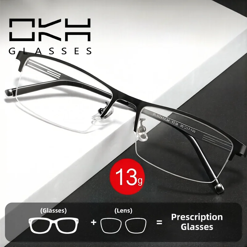 OKH Men Fashion Ultra Light Metal Half Rim Eyebrow Optical Frame Myopia Prescription Eyeglasses Frame Business Casual Eyewear