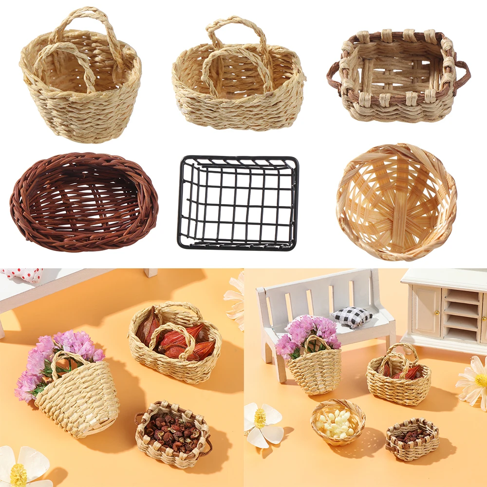 Mini Miniature Decoration Hand-woven Iron Frame Storage Basket Dollhouse Furniture Vegetable Food