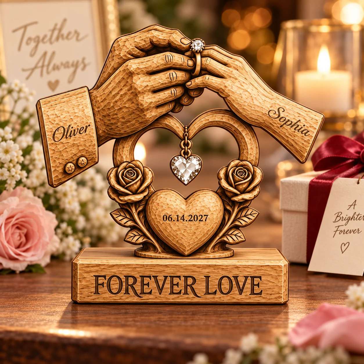 Custom Wooden Hands Heart Plaque with Roses Engraved Name Date Forever Love Desk Decor for Wedding Anniversary Birthday Gift