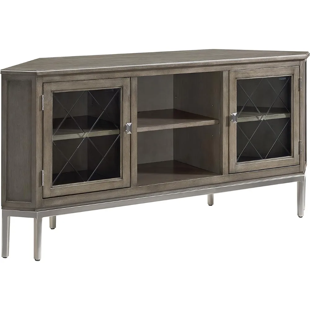 

Leick Home 84388 Two Door Corner TV Stand with Open Center Storage and Metal Base for 62" TV's, Smoke Gray Wash/Pewter,Grey