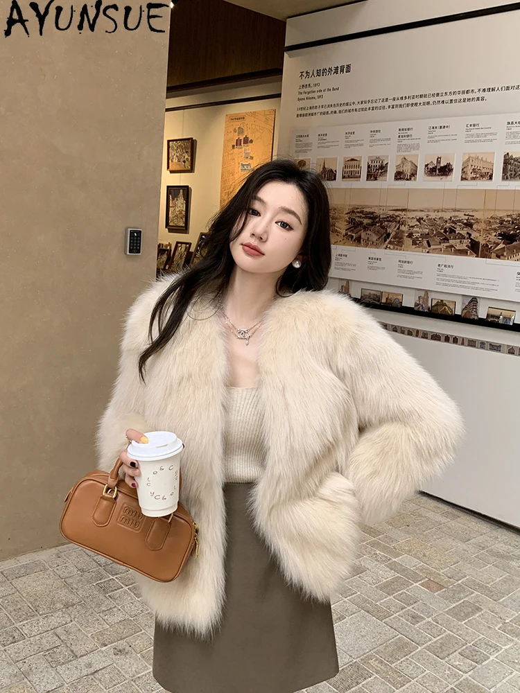 AYUNSUE 2025 ใหม่ฟ็อกซ์ขนสัตว์เสื้อแจ็คเก็ตผู้หญิงกลางความยาวแฟชั่นขนสัตว์จริงแจ็คเก็ตเสื้อผ้าผู้หญิงหรูหราOuterwears Abrigo Mujer