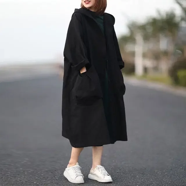 2025 Knee-Length Batwing Sve Hooded Cotton Coat Women's Mid-Length Oversized Pure Cotton Windbreaker Korean Sle Commute