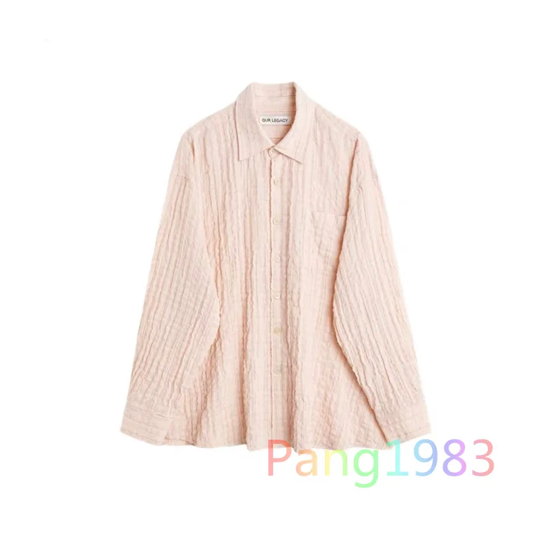 

OUT LEGACY Pink Pleated Bubble Foam Shirt Men Women Casual Loose Long Sleeved Top