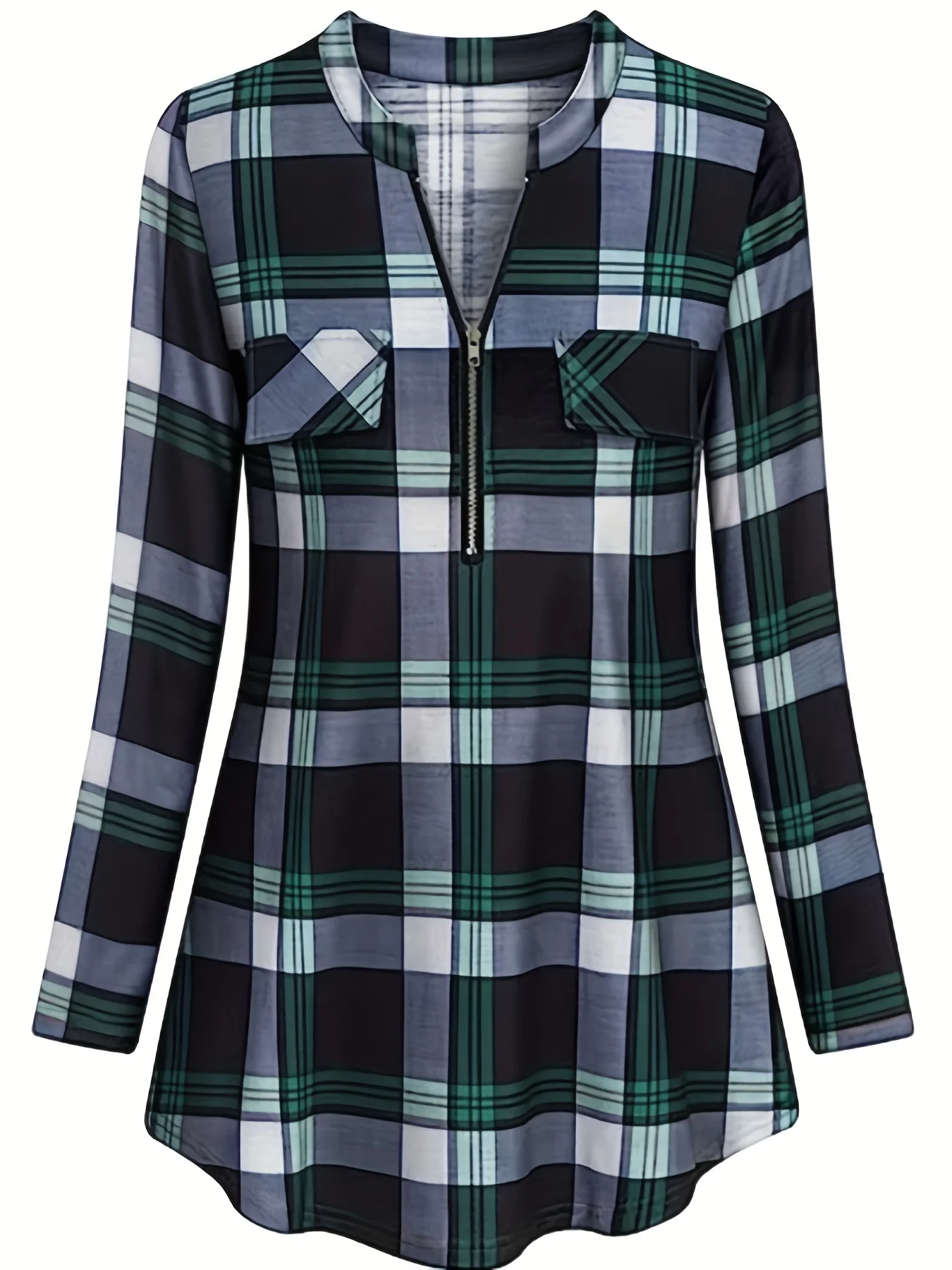 Plus Size Casual Shirt, Women\'s Plus Plaid Print Long Sleeve Round Neck Zipper  Shirt