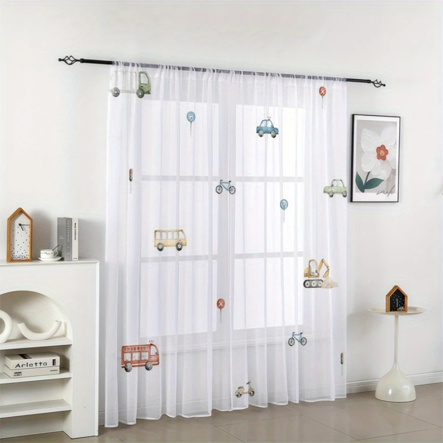 2PCS Digital Print Sheer Curtains, Cartoon Transportation Vehicles, Kids Fun Vehicle Theme for Bedroom Living Room Home Decor