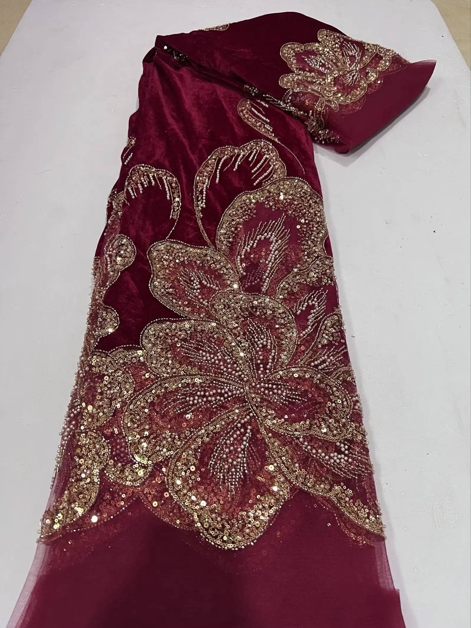African Velvet Lace Fabric Mix French Lace Tulle Embroidery With Beads and Sequins Velvet Lace For Wedding Dress