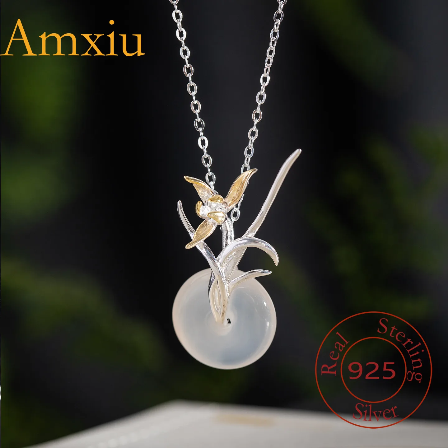 

Amxiu, стерлинговое серебро 925, оригинальный дизайн, новый китайский стиль, мода, халцедон, пряжка мира, кулон с орхидеей, ожерелье, ювелирные изделия