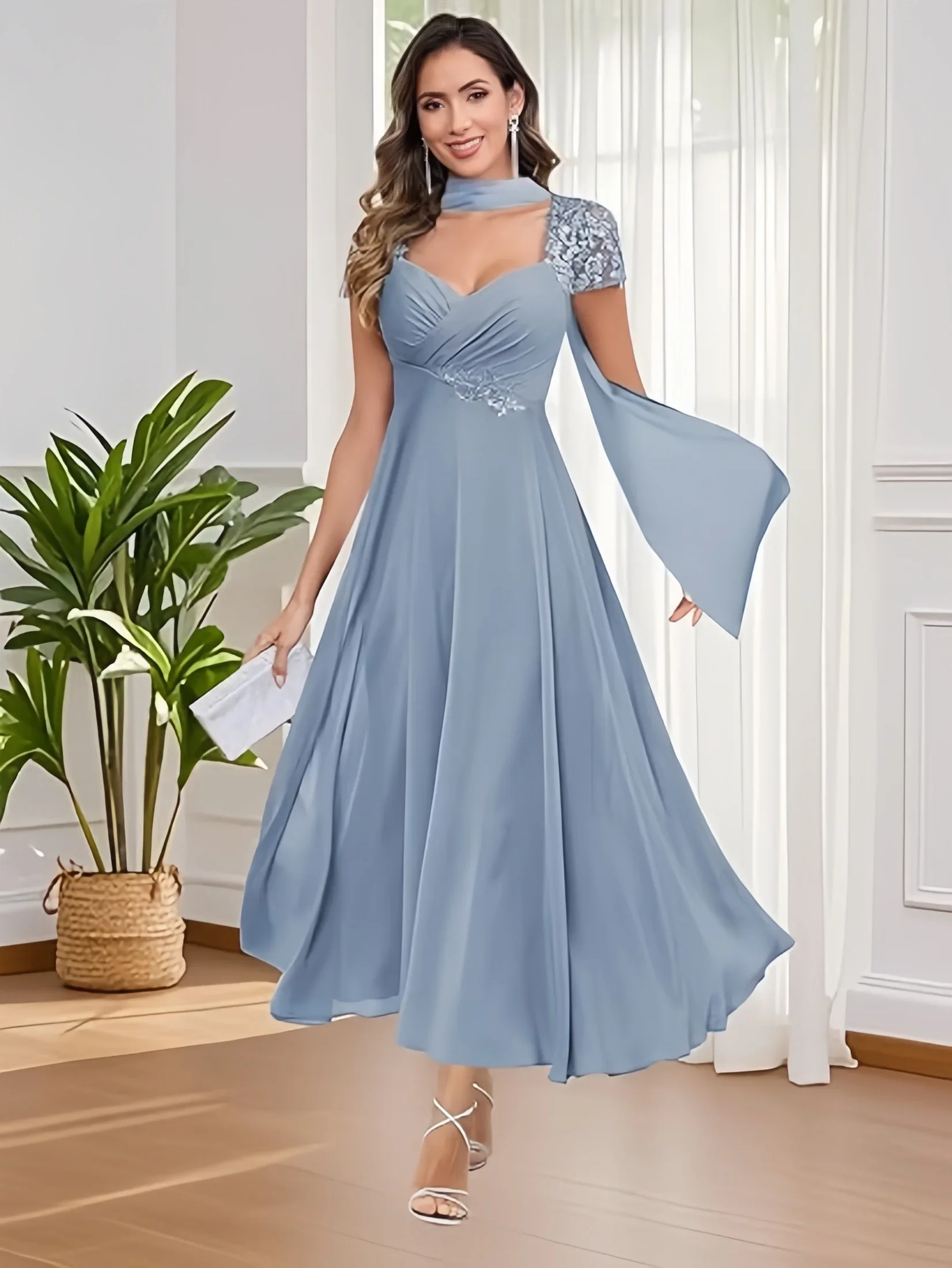 Vintage Mother of the Bride Dress With Shawl Lace Applique Sweetheart Chiffon Tea Length Women Formal Party Banquet Guest Gown