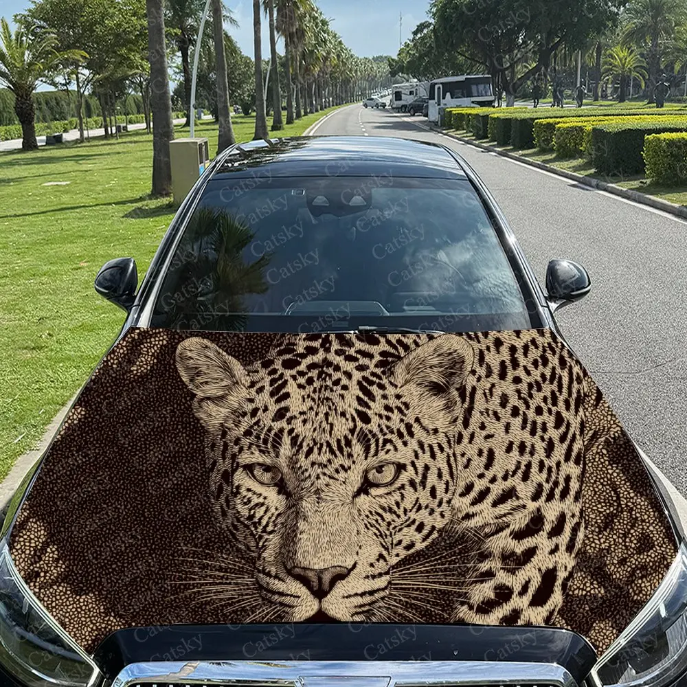 Car Decal Leopard with Brown Textural Artistic Fusion Design, Creating a Mysterious and Commanding Visual Car Hood Sticker, Wate