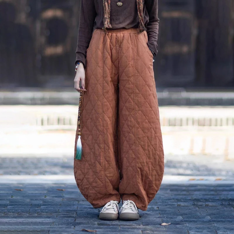 New Chinese Style Cotton Quilted Wide Leg Pants Women Autumn Winter Casual Loose Thicken Pants Elastic Waist Padded Trousers