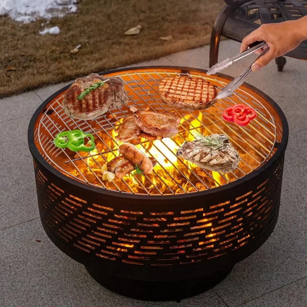 Wood Burning Fire Pits with Grill & Lid, Fire Pit Table for Outside with Waterproof Cover & Fire Poker, Outdoor Firepit