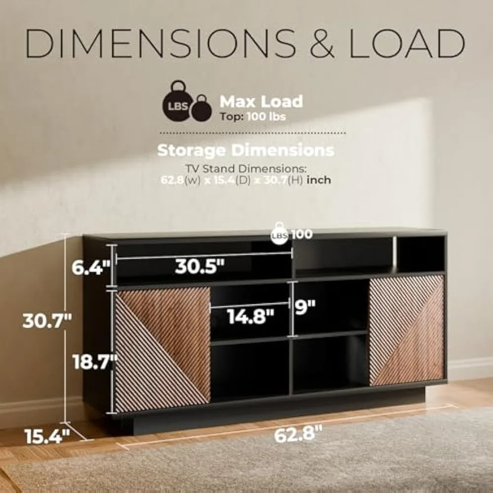 حامل تلفزيون طويل القامة لأجهزة التلفاز حتى 65 بوصة، وحدة تحكم وسائط مركزية للترفيه مع خزائن تخزين وأبواب منزلقة، منتصف السن