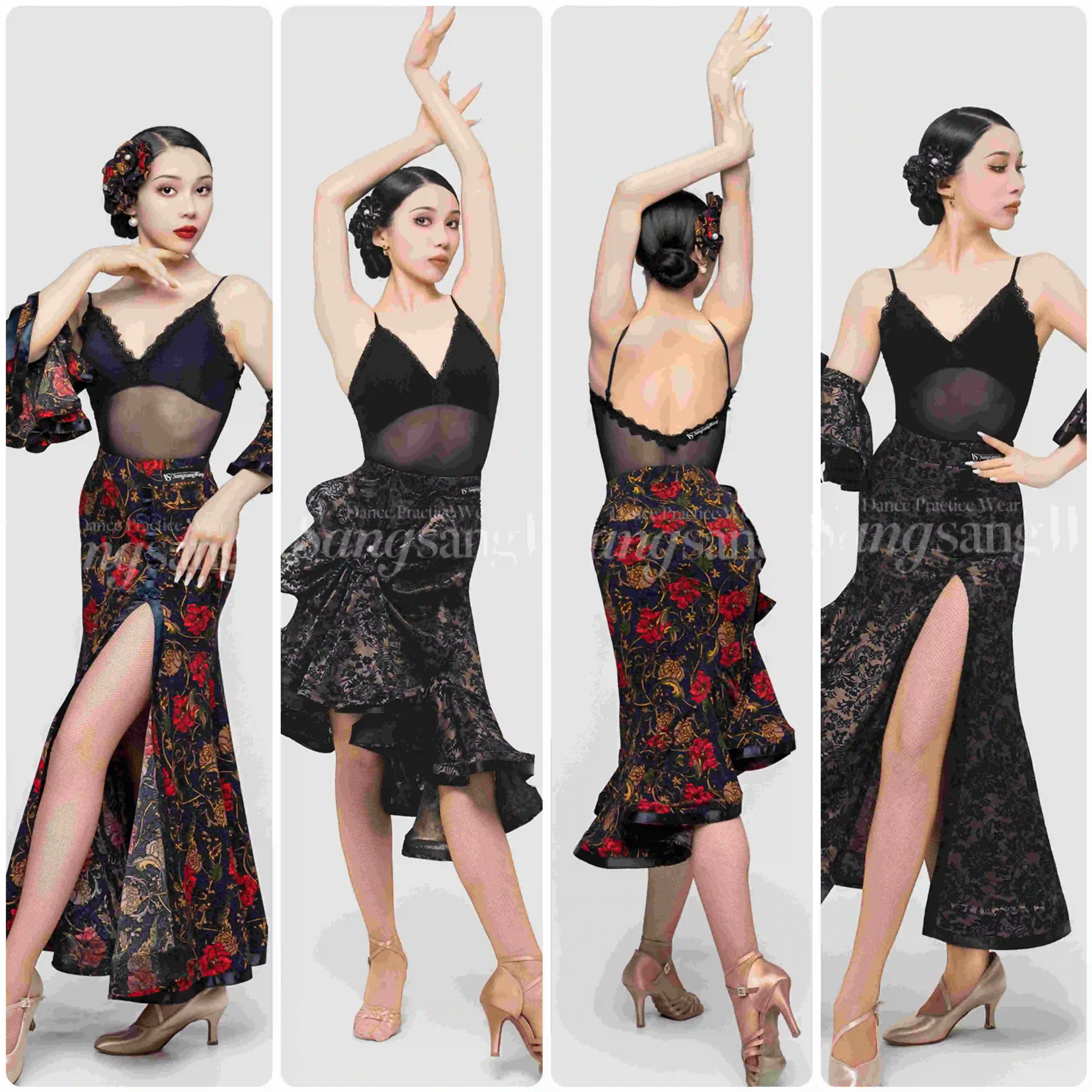 

Костюм для бальных танцев, одежда для выступлений в стиле латиноамериканских танцев, кружевные топы с V-образным вырезом, юбка с цветочным узором, платья для танго, вальса, танцевальных соревнований для взрослых