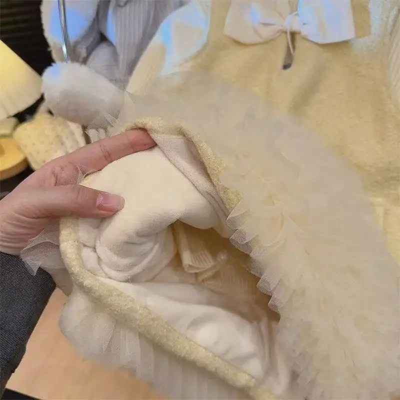 Kids Girls Dress Set Winter New Korean Fashion Western Lace Trim Vest Skirt Long Sleeve Knitted Base Two-Piece Set Girls Clothes