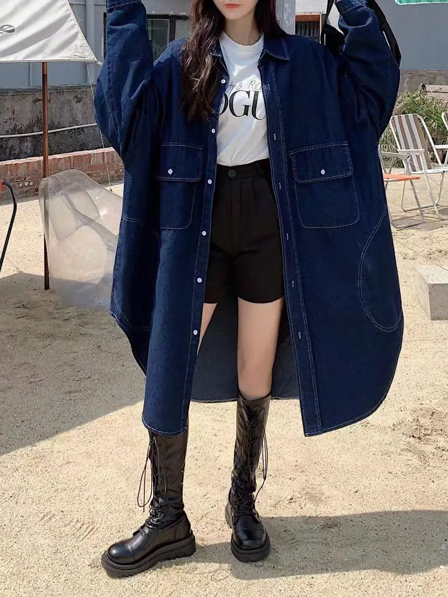 

Loose Women's Denim Jaet with Multiple kets Lazy Sle Slimming Versatile Mid-Length Coat Open-S Workwear Jaet