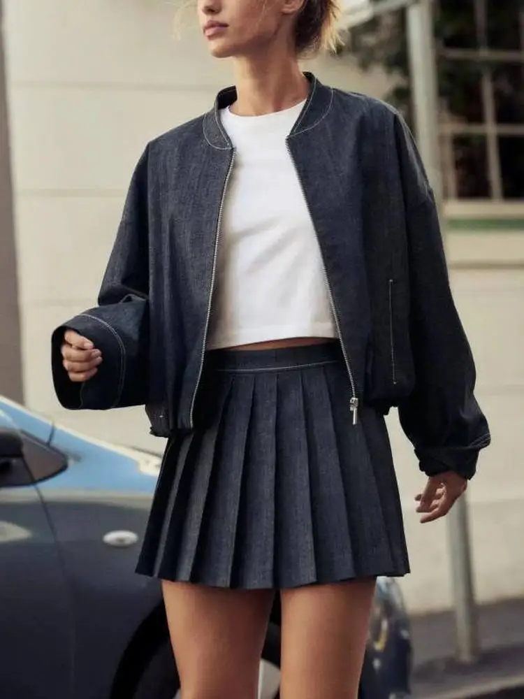 

Spring New Arrival Women's Balloon Denim Jacket High Waist Anti-Light Short Skirt Pants Long Sleeve Stand Collar Fashion Set