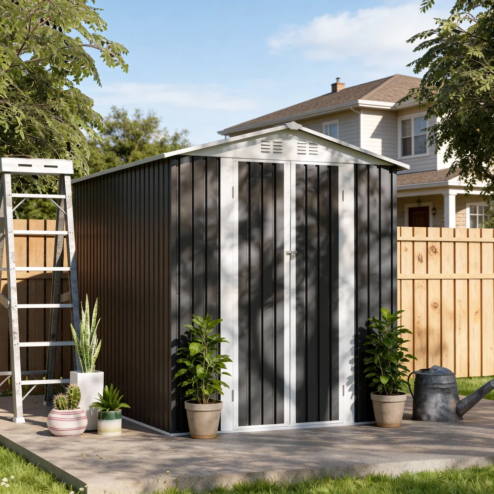 

6x9 FT Metal Garden Shed with Hinge Door Grey Outdoor Tool House Apex Roof