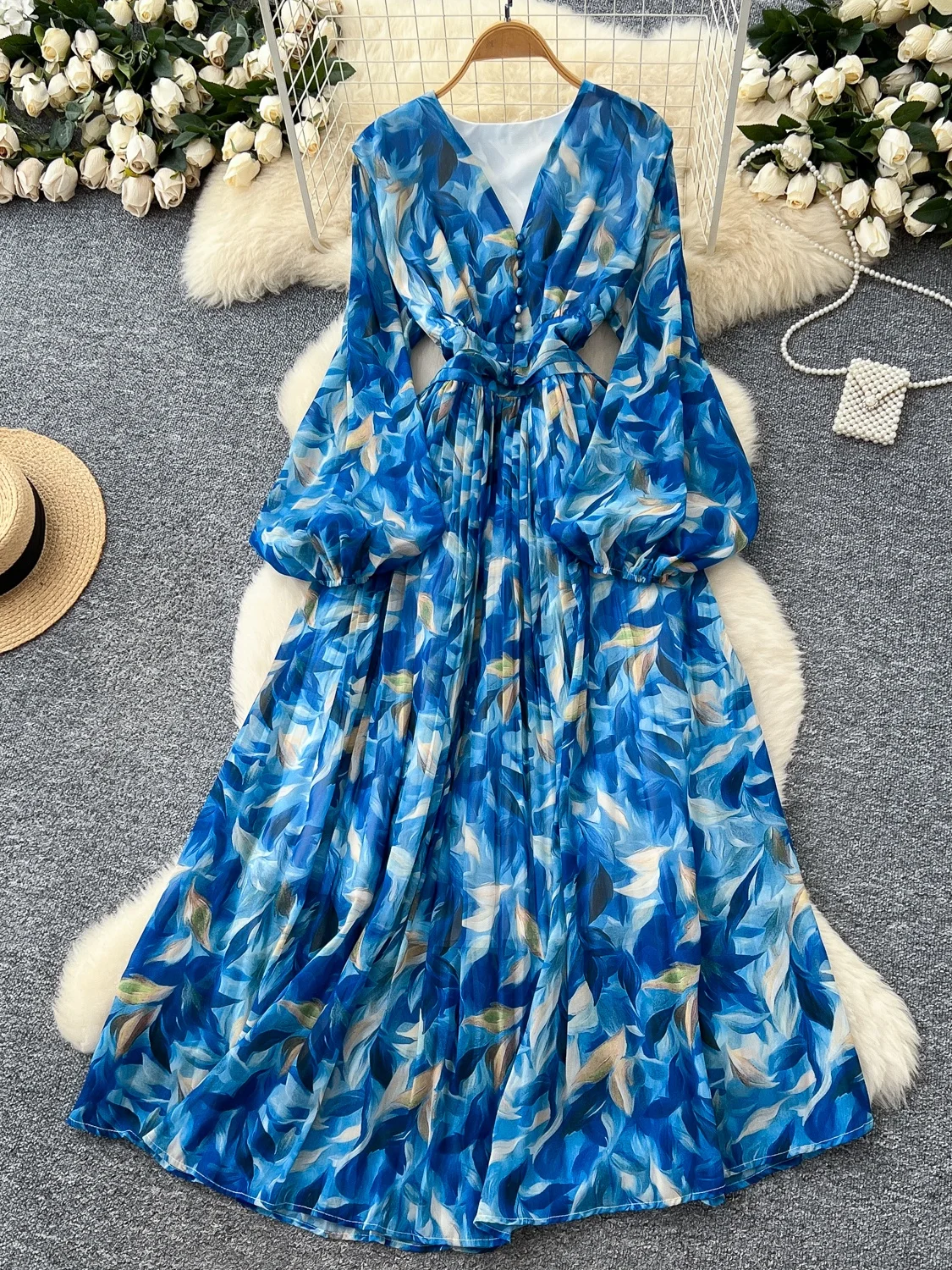 E Vestido con Cuello en V y Mangas Farol, Estampado Floral, Falda Larga, Estilo Coreano, Cintura Alta, Línea A, Vestid...