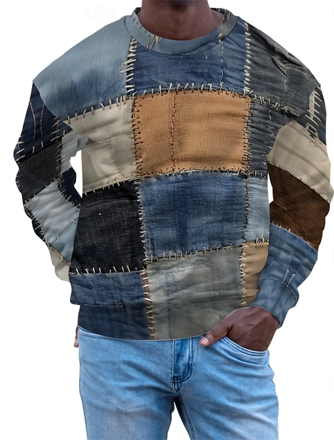 سويت شيرت رجالي مرقع برسومات جرافيكية، سويت شيرت بأكمام طويلة، سويت شيرت بقلنسوة، ملابس رياضية للعطلات والطباعة اليومية